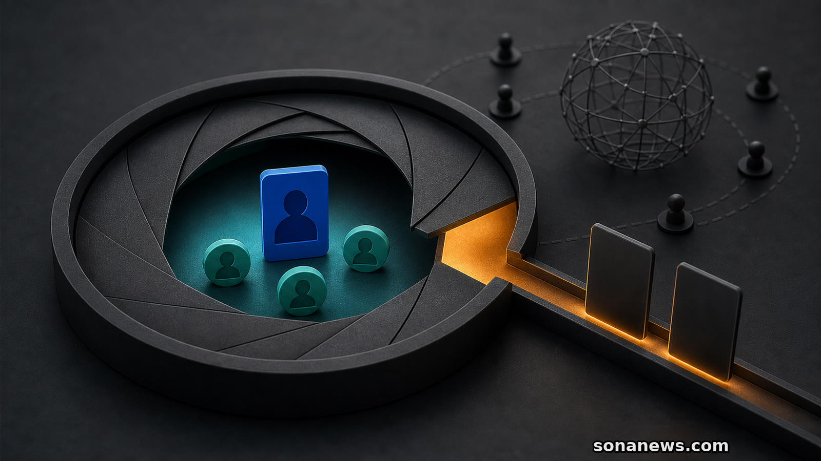 A conceptual privacy iris separates a TikTok minor account from accepted contacts, a global audience and a recommendation rail.