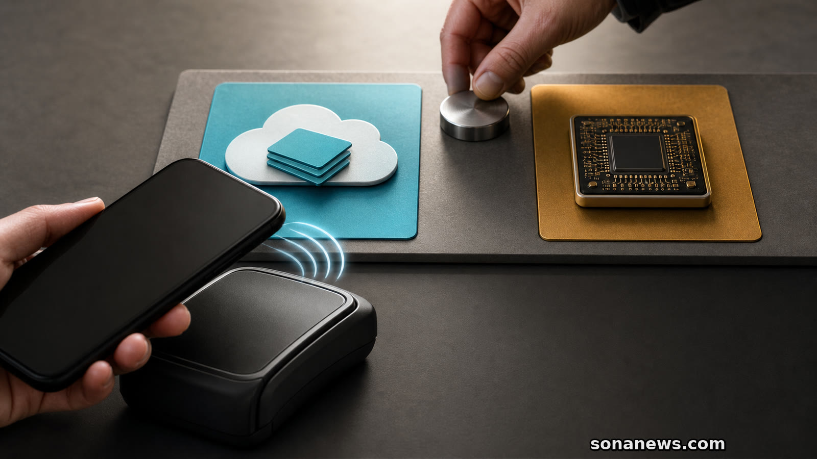 An unbranded smartphone approaches a contactless terminal beside cloud-token and secure-chip tiles representing the UK NFC access choice.