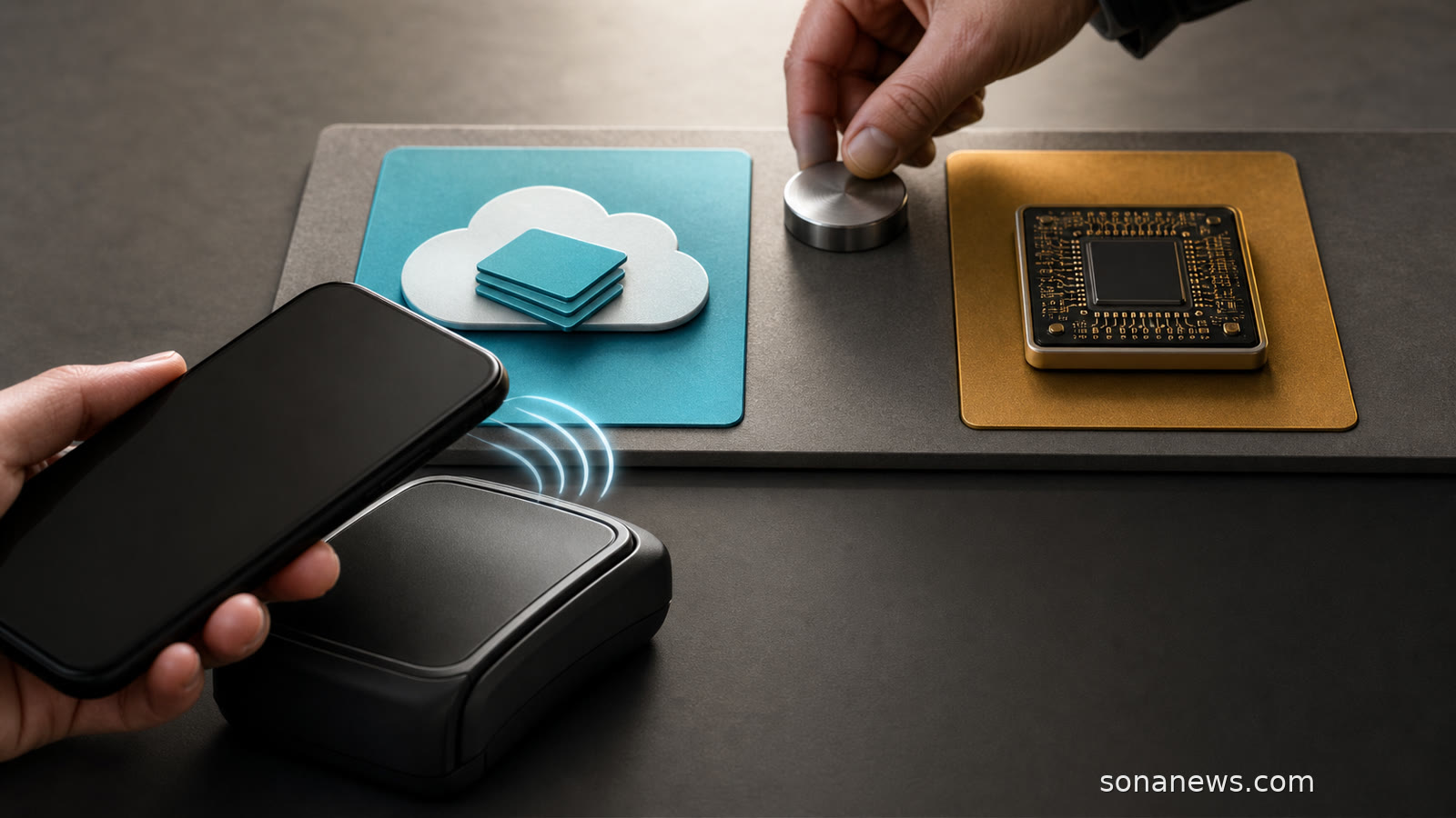 An unbranded smartphone approaches a contactless terminal beside cloud-token and secure-chip tiles representing the UK NFC access choice.