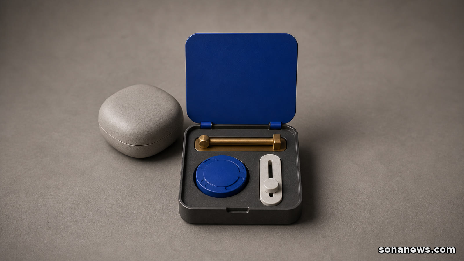 A conceptual smart-home security tag opens onto an update wheel, finite support timeline and configuration record.