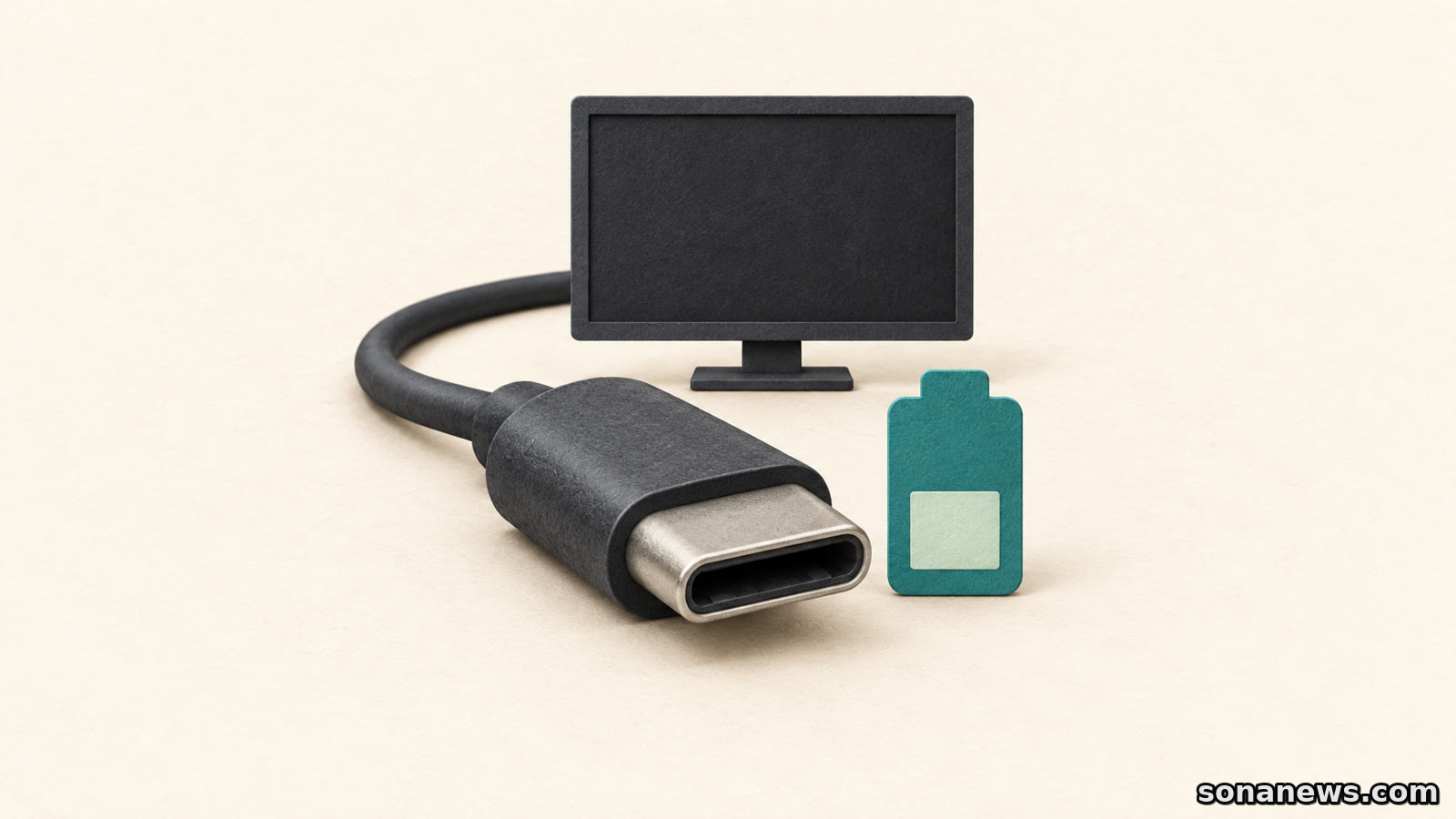 Conceptual USB-C connector in front of a blank monitor beside a separate battery symbol, illustrating charging and video compatibility