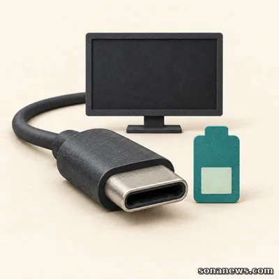 Conceptual USB-C connector in front of a blank monitor beside a separate battery symbol, illustrating charging and video compatibility
