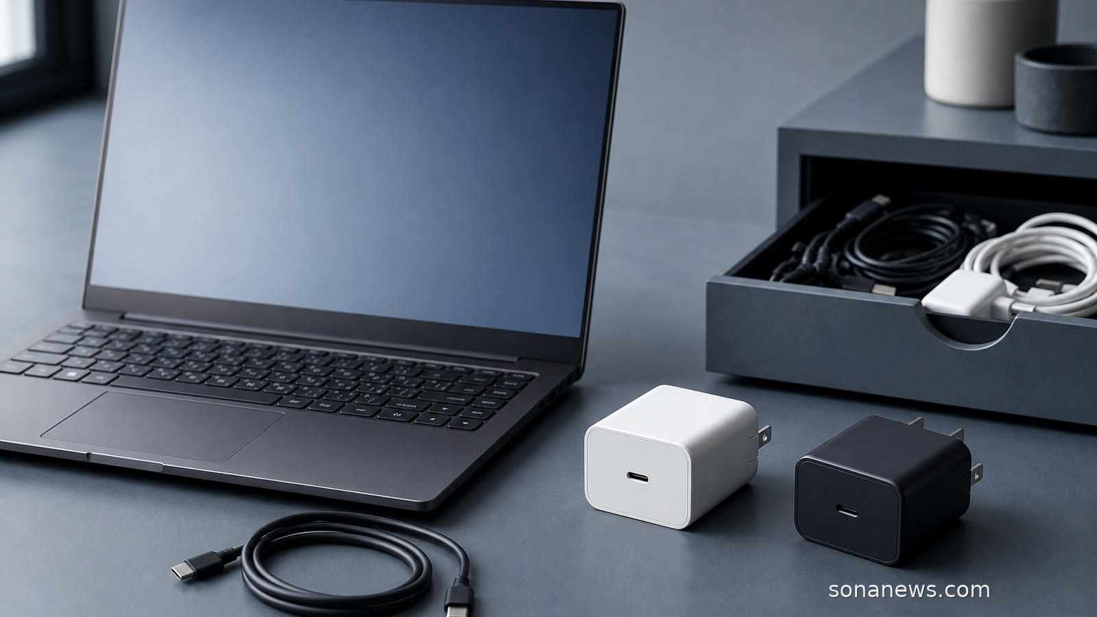 Unbranded laptop beside a USB-C cable and chargers, illustrating Europe’s USB-C laptop charger rule.