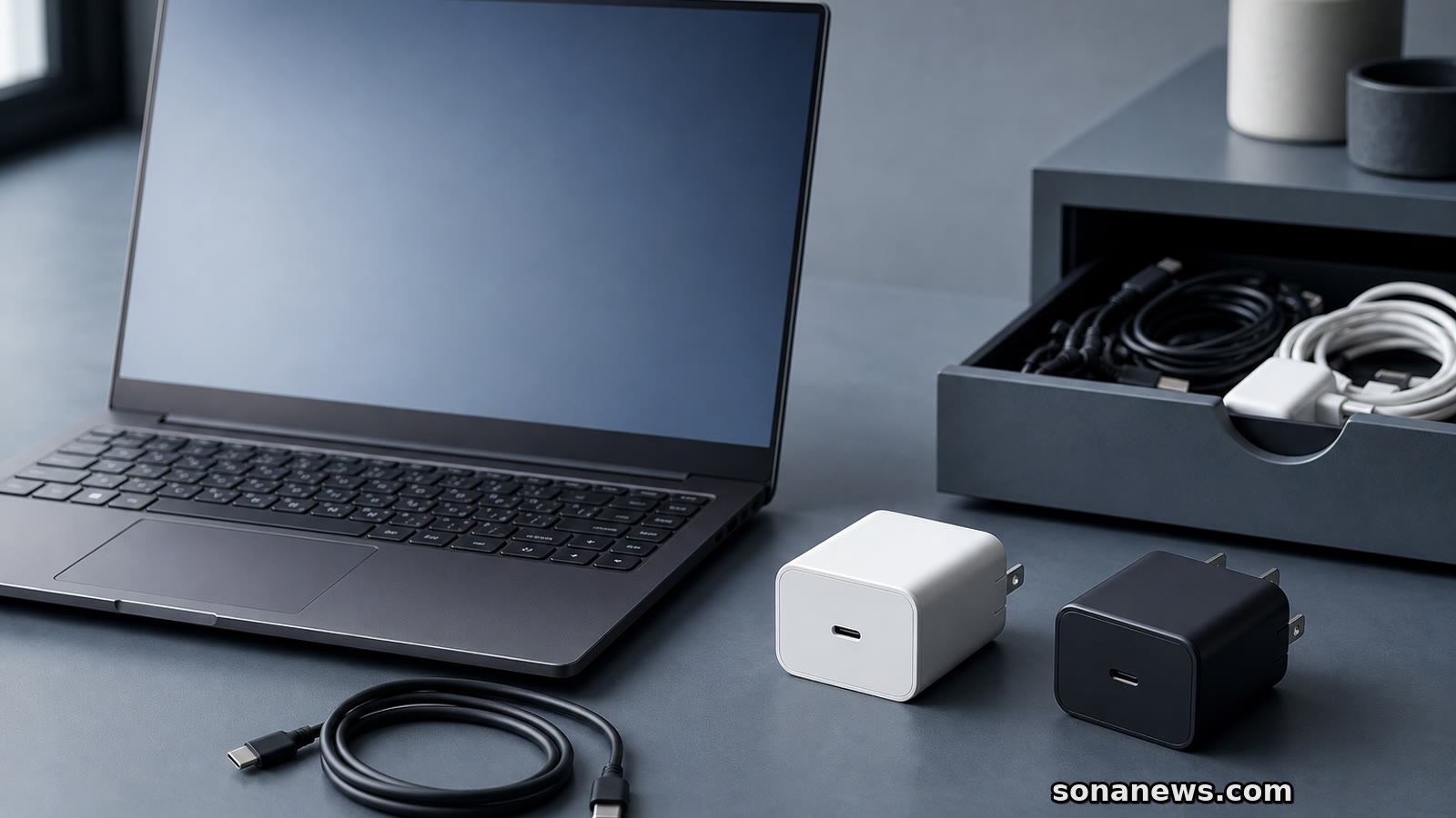 Unbranded laptop beside a USB-C cable and chargers, illustrating Europe’s USB-C laptop charger rule.