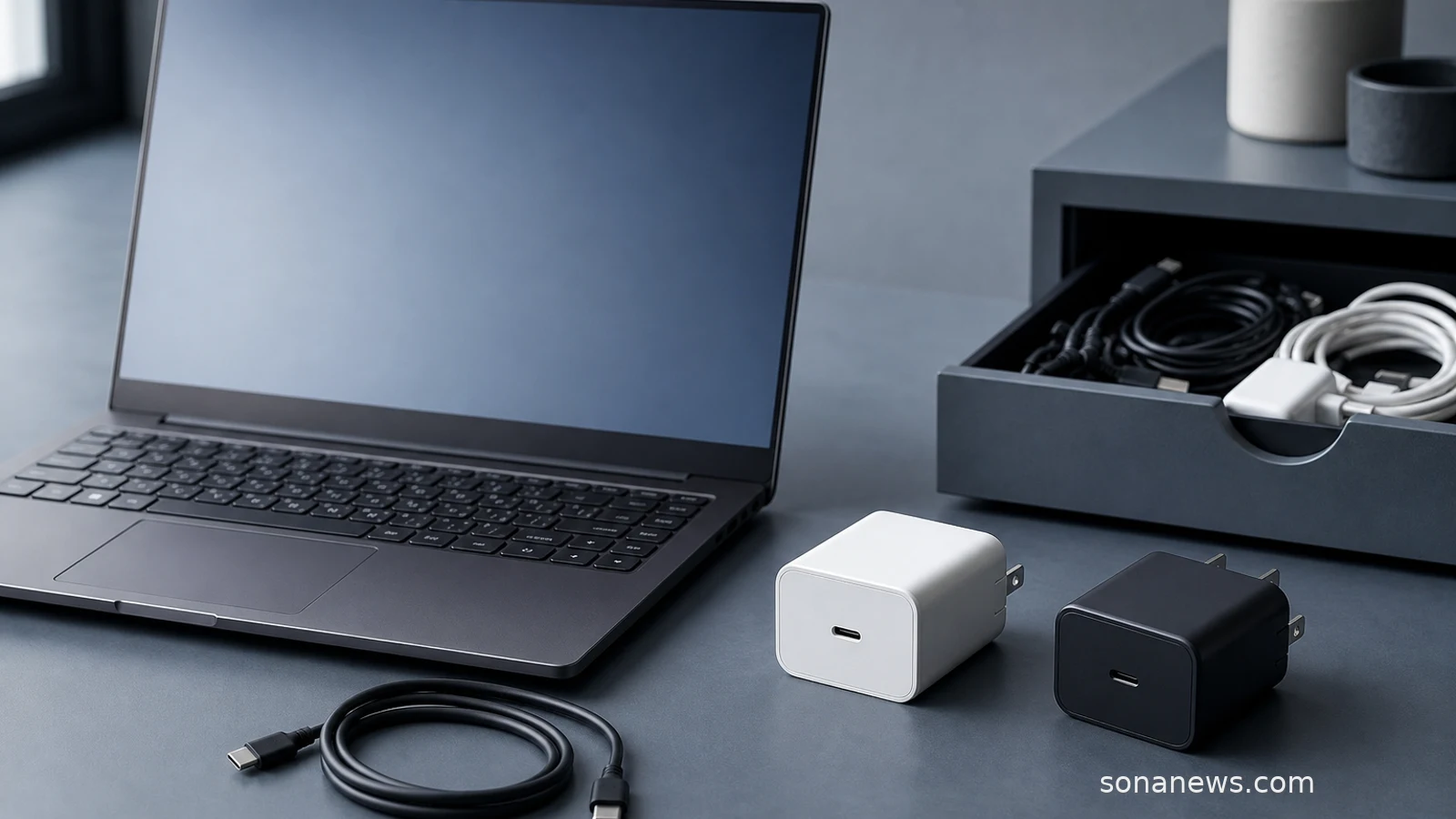 Unbranded laptop beside a USB-C cable and chargers, illustrating Europe’s USB-C laptop charger rule.