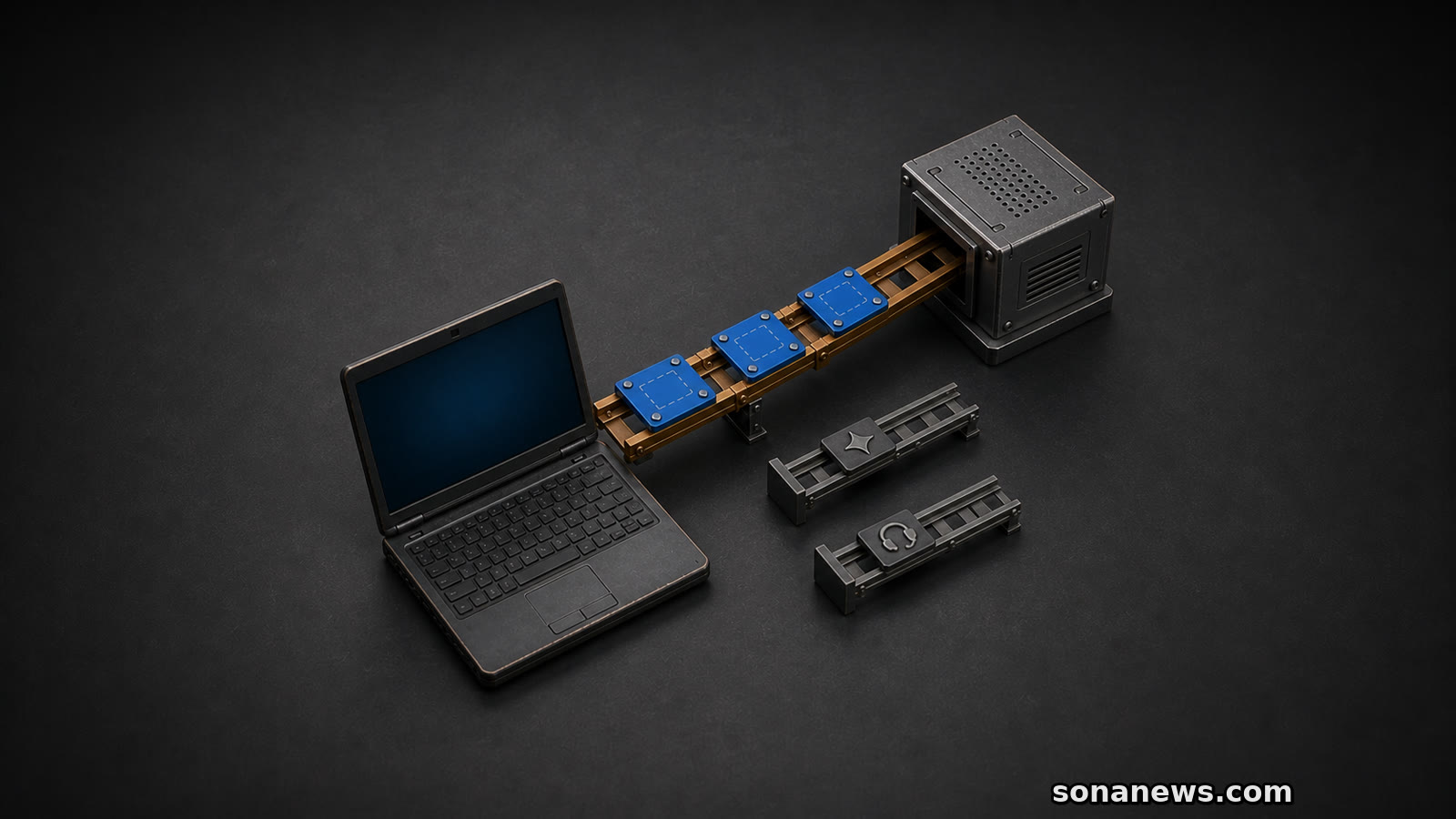 A conceptual security-patch bridge reaches an older Windows 10 laptop while feature and support tracks stop short.