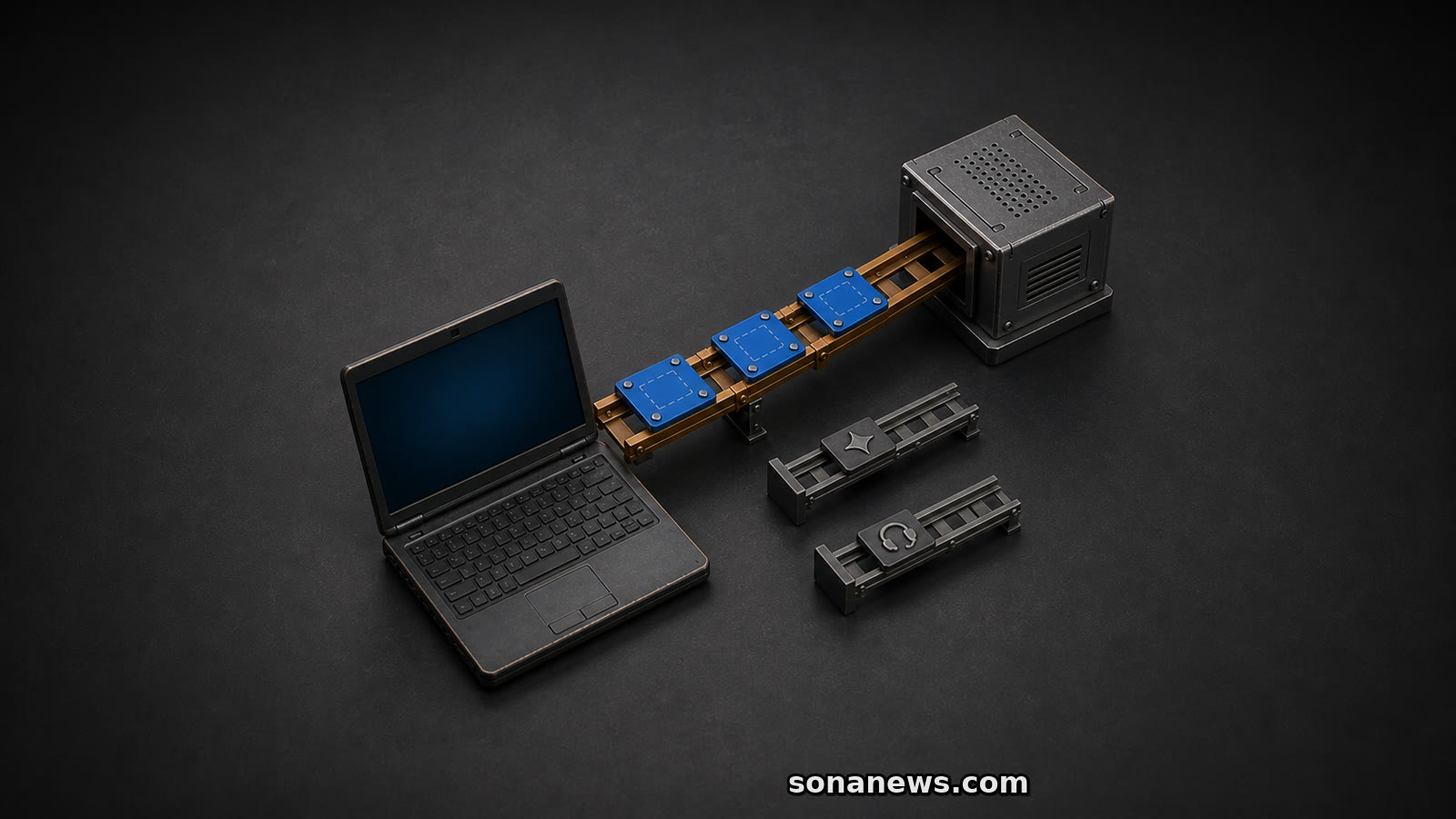 A conceptual security-patch bridge reaches an older Windows 10 laptop while feature and support tracks stop short.