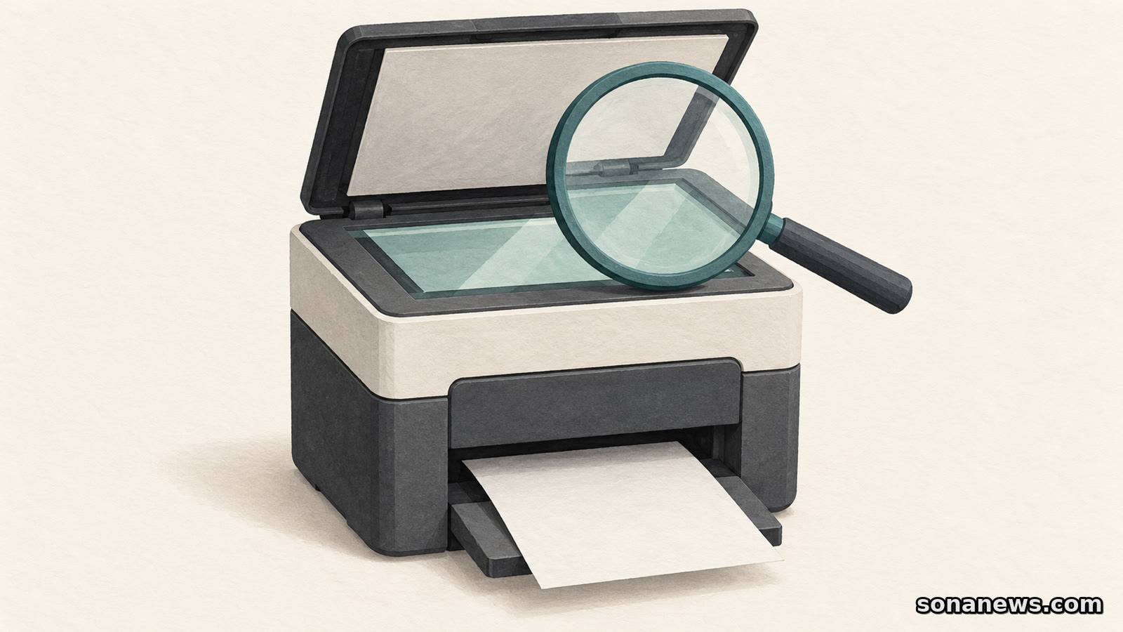 Conceptual multifunction printer with an open scanner under a magnifying glass and a separate paper output, illustrating Windows protected print compatibility checks