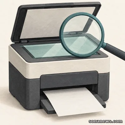 Conceptual multifunction printer with an open scanner under a magnifying glass and a separate paper output, illustrating Windows protected print compatibility checks