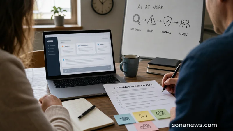 Two colleagues review an AI literacy training plan beside an unbranded laptop in a calm office.