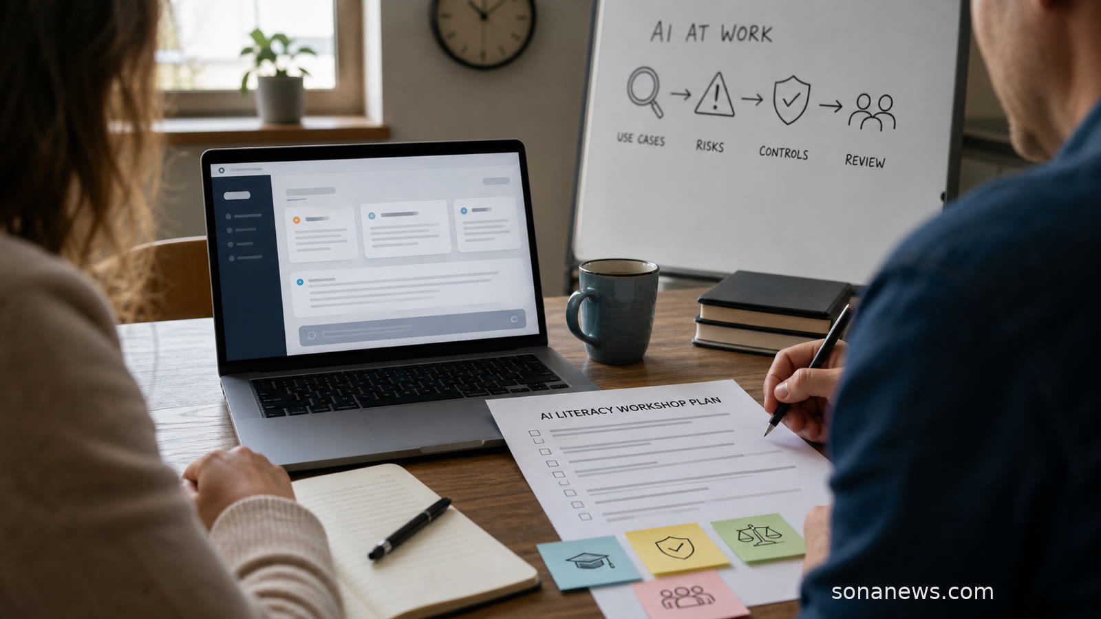 Two colleagues review an AI literacy training plan beside an unbranded laptop in a calm office.