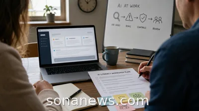 Two colleagues review an AI literacy training plan beside an unbranded laptop in a calm office.