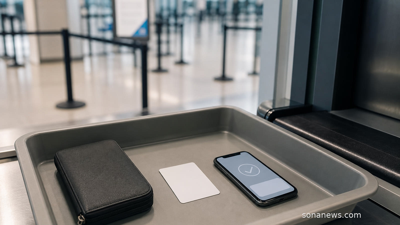 Airport security tray with a blank ID card and phone receipt for U.S. airport ID checks.