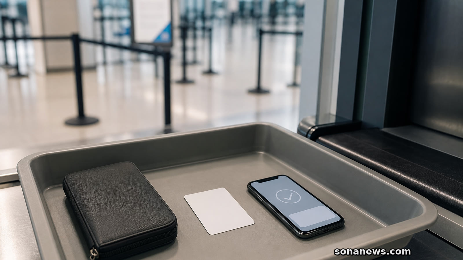 Airport security tray with a blank ID card and phone receipt for U.S. airport ID checks.