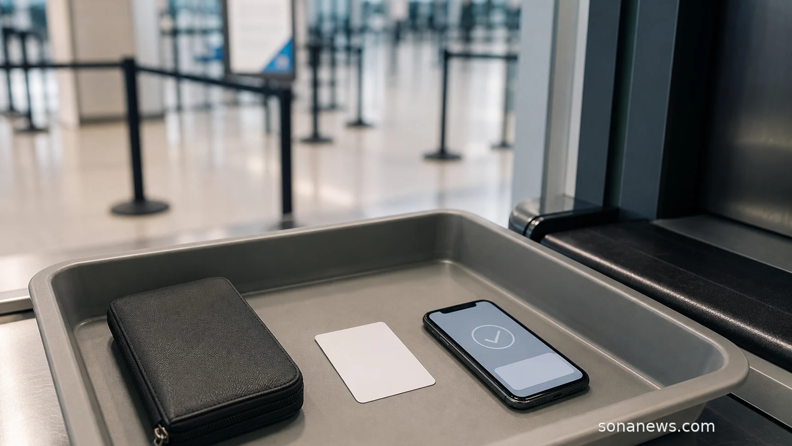 Airport security tray with a blank ID card and phone receipt for U.S. airport ID checks.