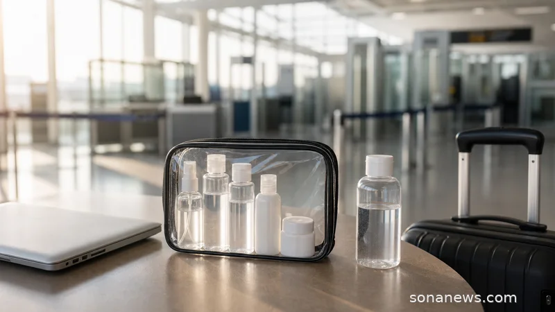 Airport security table with a clear liquids bag, small toiletries and carry-on luggage for changing 100ml rules.