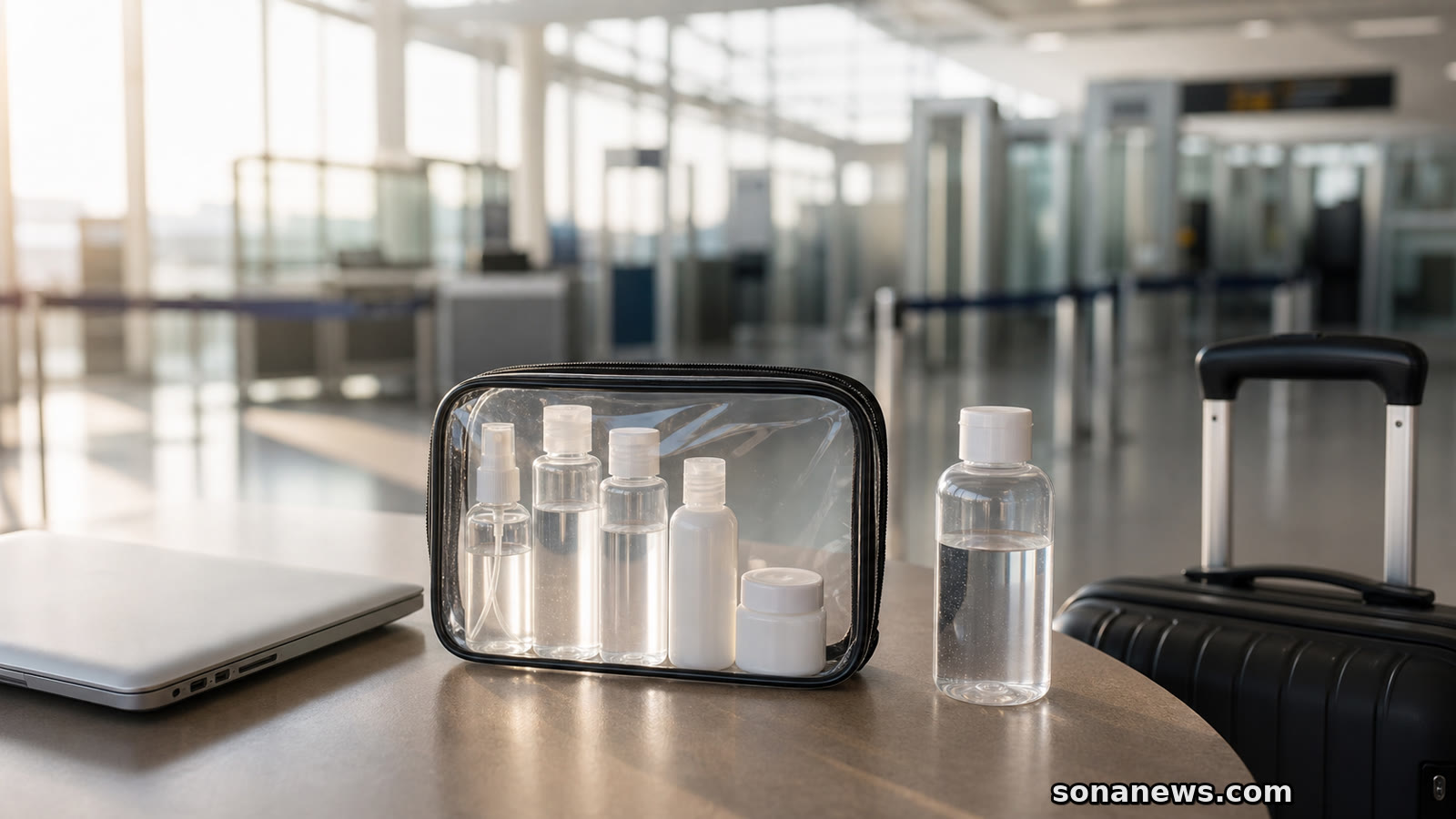 Airport security table with a clear liquids bag, small toiletries and carry-on luggage for changing 100ml rules.