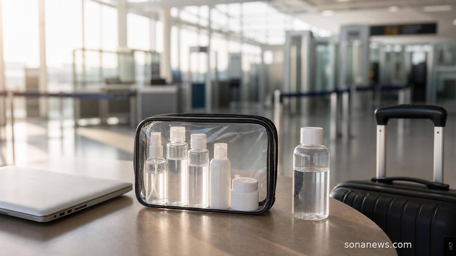 Airport security table with a clear liquids bag, small toiletries and carry-on luggage for changing 100ml rules.