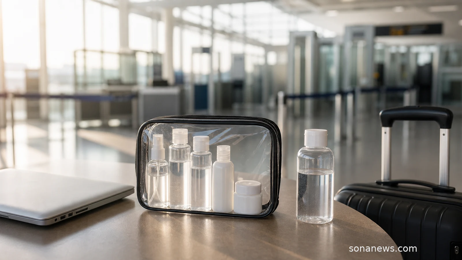 Airport security table with a clear liquids bag, small toiletries and carry-on luggage for changing 100ml rules.