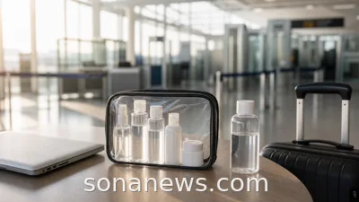 Airport security table with a clear liquids bag, small toiletries and carry-on luggage for changing 100ml rules.