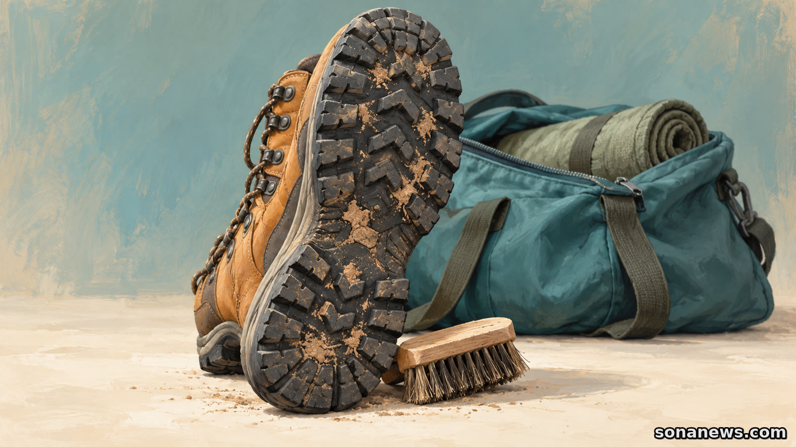 Illustration of soil caught in a hiking boot's tread beside a cleaning brush and packed outdoor gear before travel to Australia.