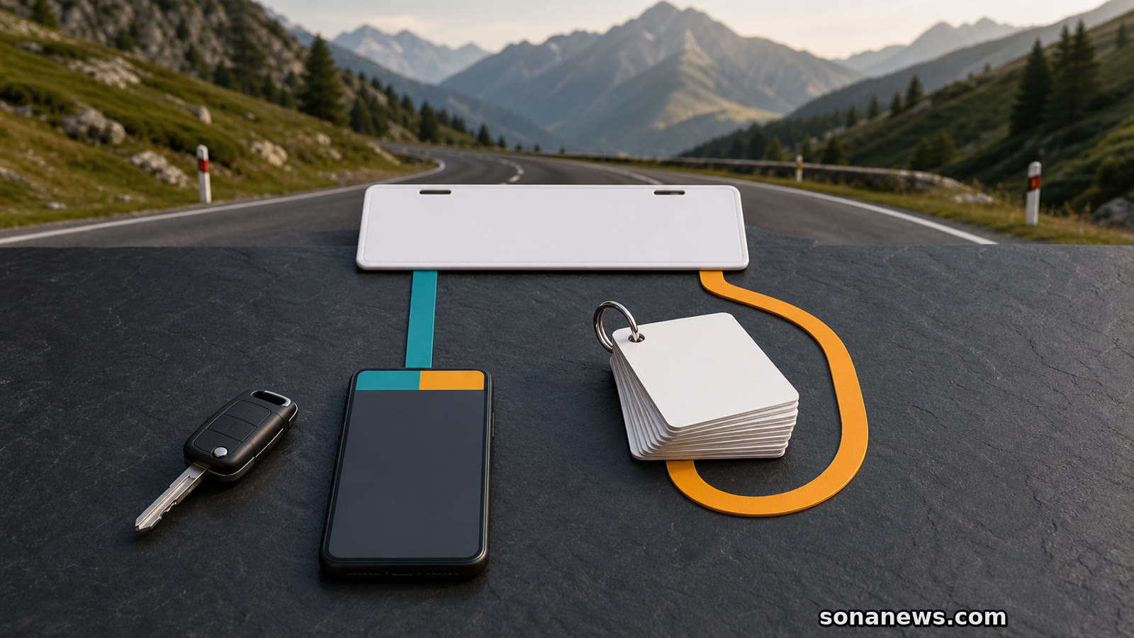 A blank licence plate connects to a phone and looping calendar path above an Austrian Alpine motorway.