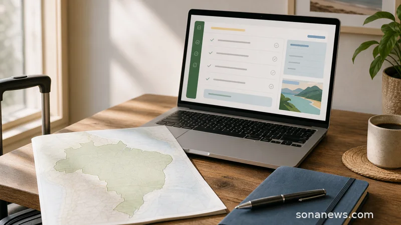Sunlit travel desk with laptop checklist and Brazil map for Brazil eVisa planning before the airport.