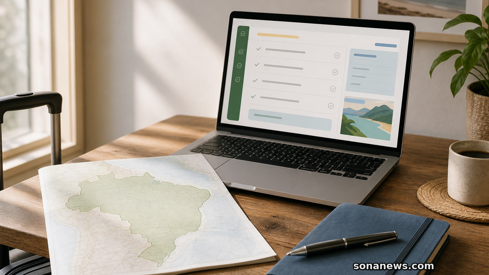 Sunlit travel desk with laptop checklist and Brazil map for Brazil eVisa planning before the airport.