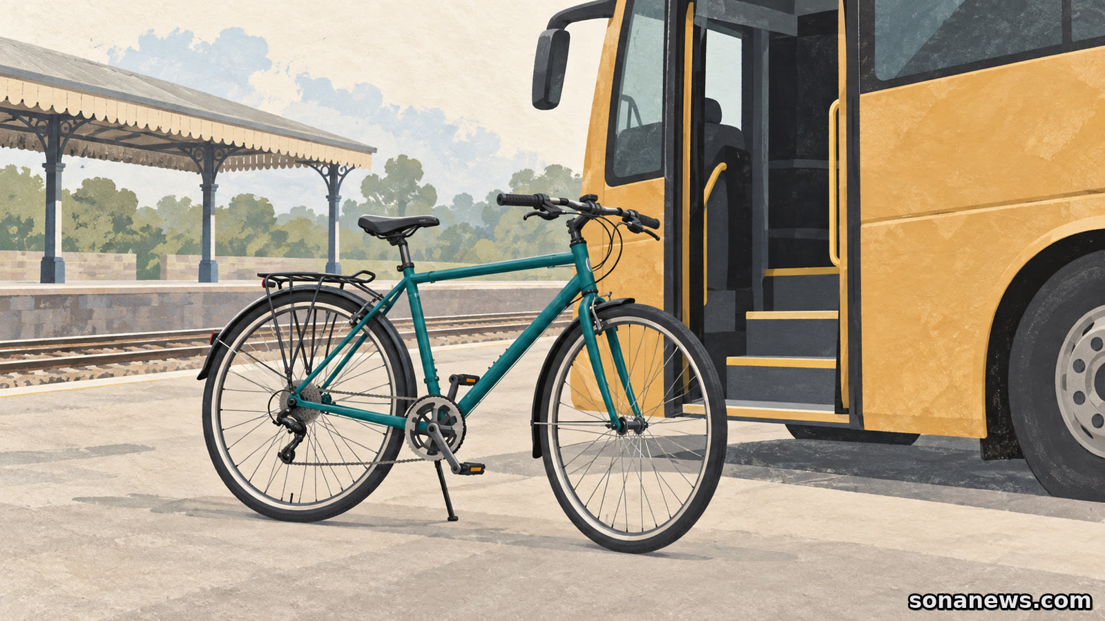 Illustration of a full-size bicycle beside a coach boarding door at a railway station, representing Britain's rail replacement bus connection.
