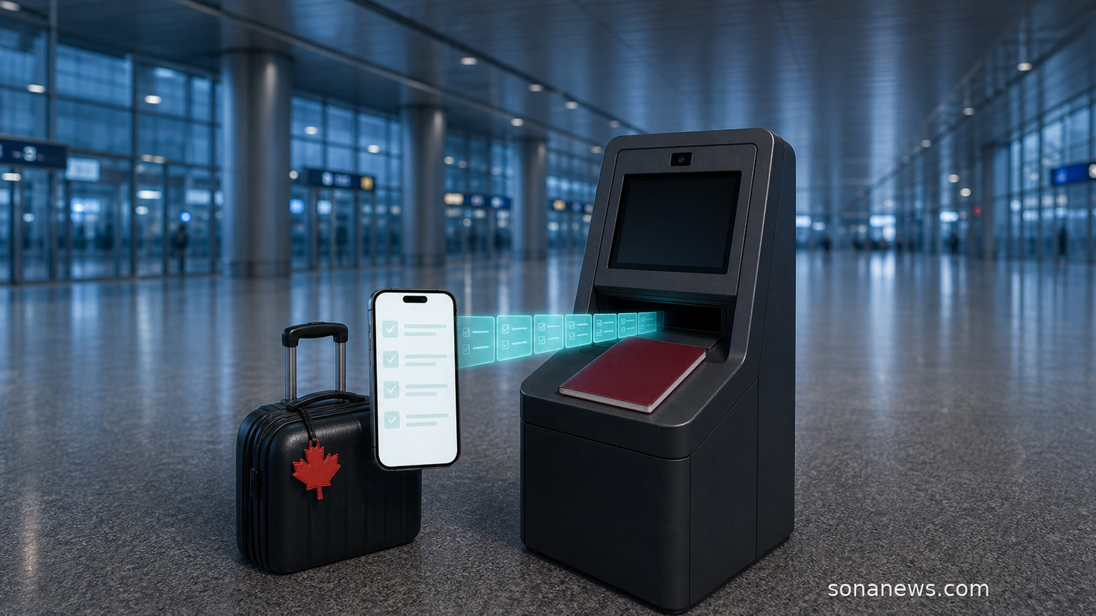 Phone transfers Canada’s Advance Declaration checklist to an airport kiosk beside a maple-leaf tag and blank travel booklet.