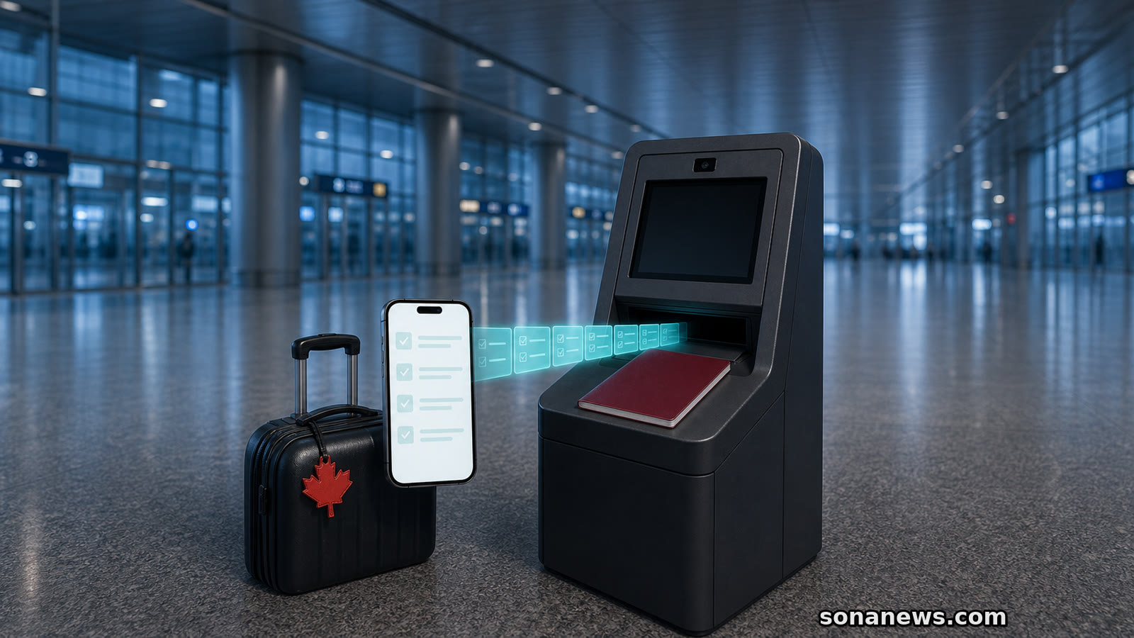 Phone transfers Canada’s Advance Declaration checklist to an airport kiosk beside a maple-leaf tag and blank travel booklet.