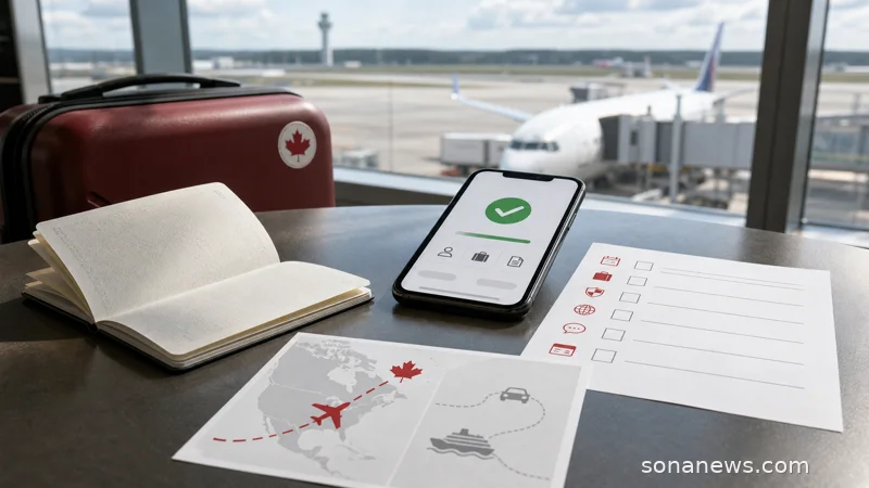 Airport table with a passport, phone eTA check and Canada route map for air travel paperwork.