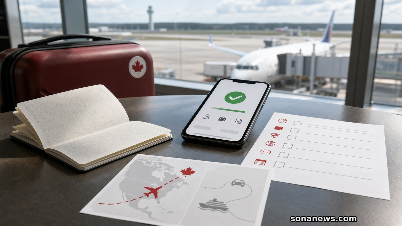 Airport table with a passport, phone eTA check and Canada route map for air travel paperwork.