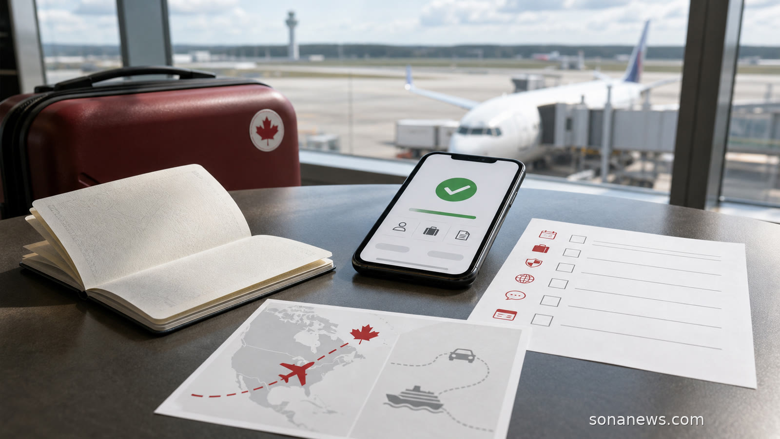 Airport table with a passport, phone eTA check and Canada route map for air travel paperwork.