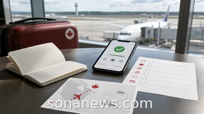 Airport table with a passport, phone eTA check and Canada route map for air travel paperwork.