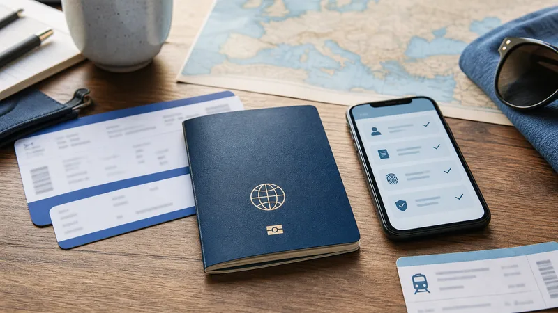 Passports placed near a generic airport self-service border kiosk with travellers blurred in the background.