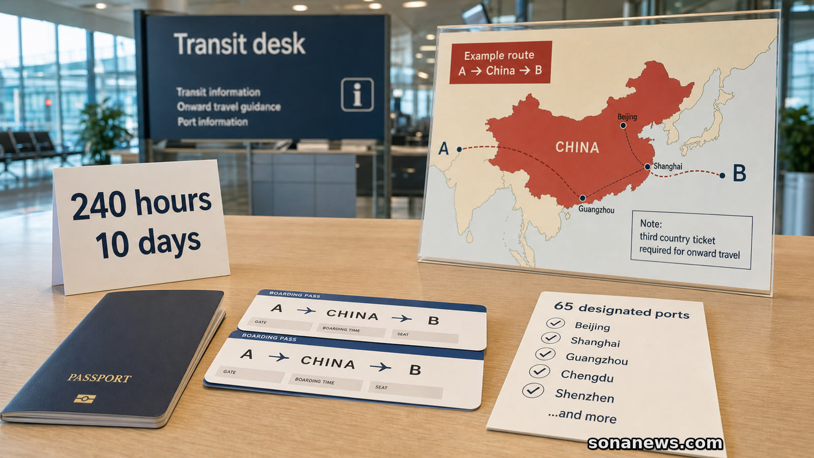 Airport transit desk with unbranded passport, China 240-hour visa-free transit cards, 65-port checklist and onward ticket.