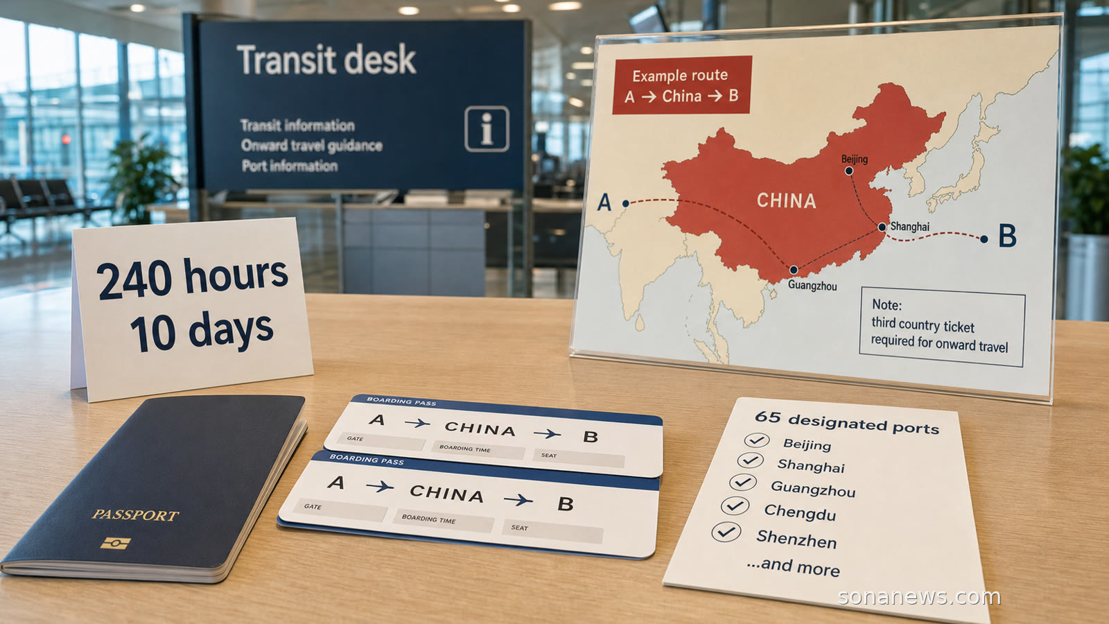 Airport transit desk with unbranded passport, China 240-hour visa-free transit cards, 65-port checklist and onward ticket.
