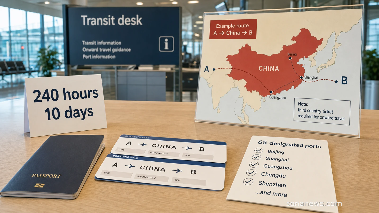 Airport transit desk with unbranded passport, China 240-hour visa-free transit cards, 65-port checklist and onward ticket.