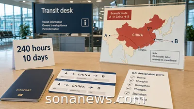 Airport transit desk with unbranded passport, China 240-hour visa-free transit cards, 65-port checklist and onward ticket.