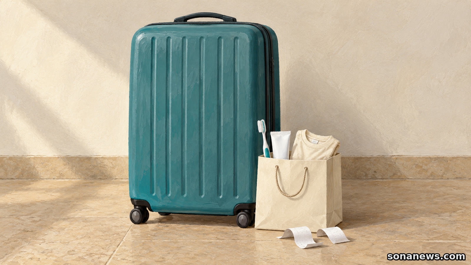 Editorial illustration of a returned teal suitcase beside replacement toiletries, a folded shirt and blank-backed receipts for a delayed baggage claim.
