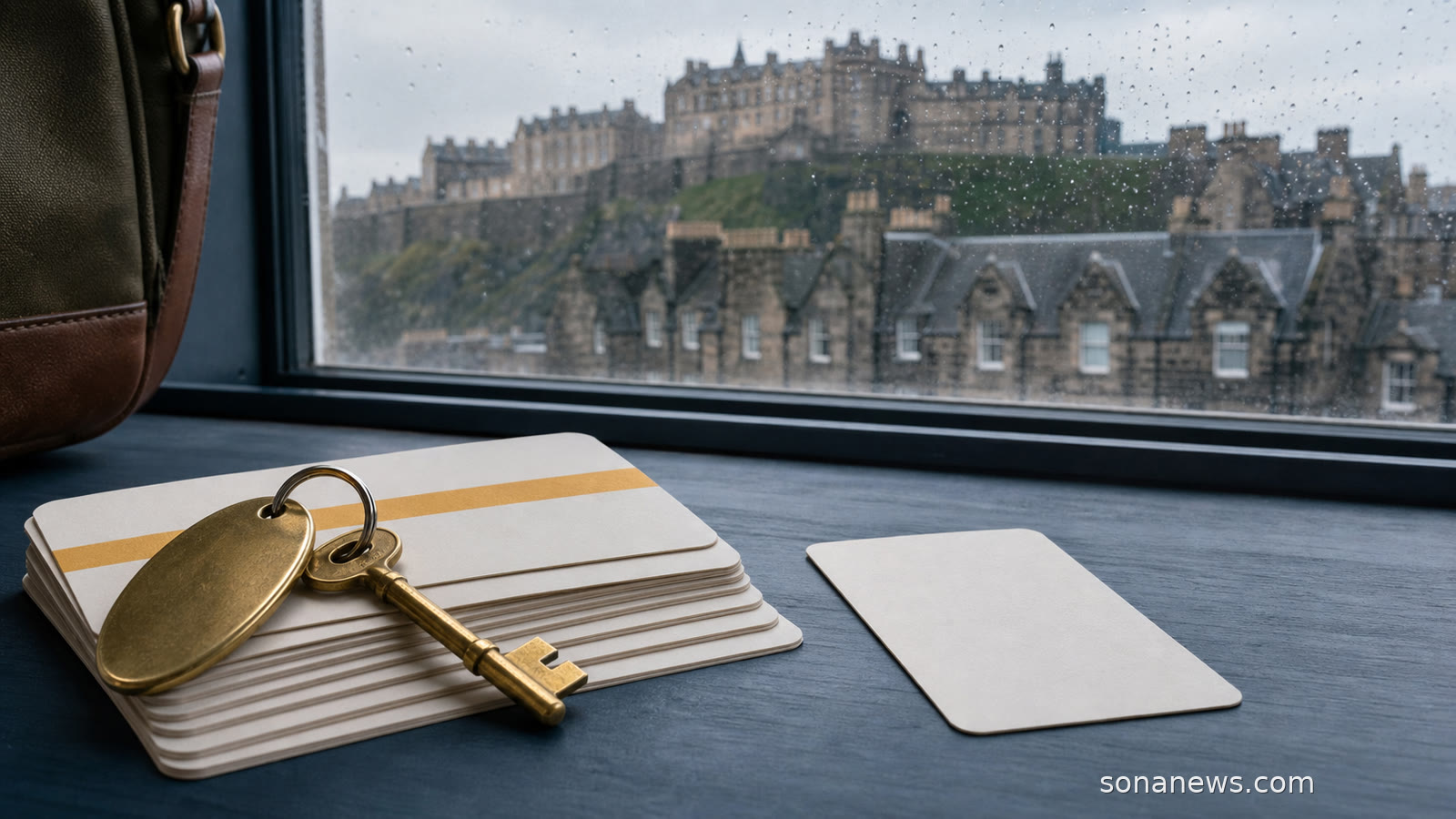 Brass guesthouse key on amber-marked night cards beside an unmarked card, with Edinburgh Castle beyond.