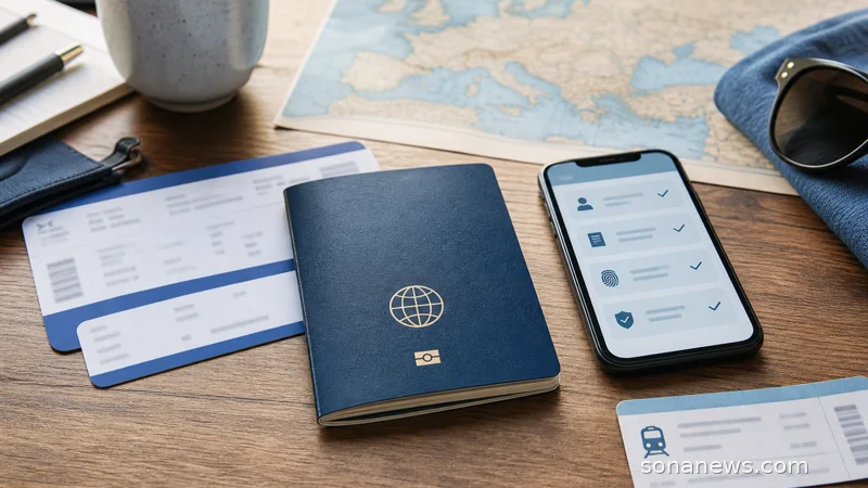 Passports near an airport self-service border kiosk, illustrating Europe border checks, digital travel records and ETIAS-era trip planning.