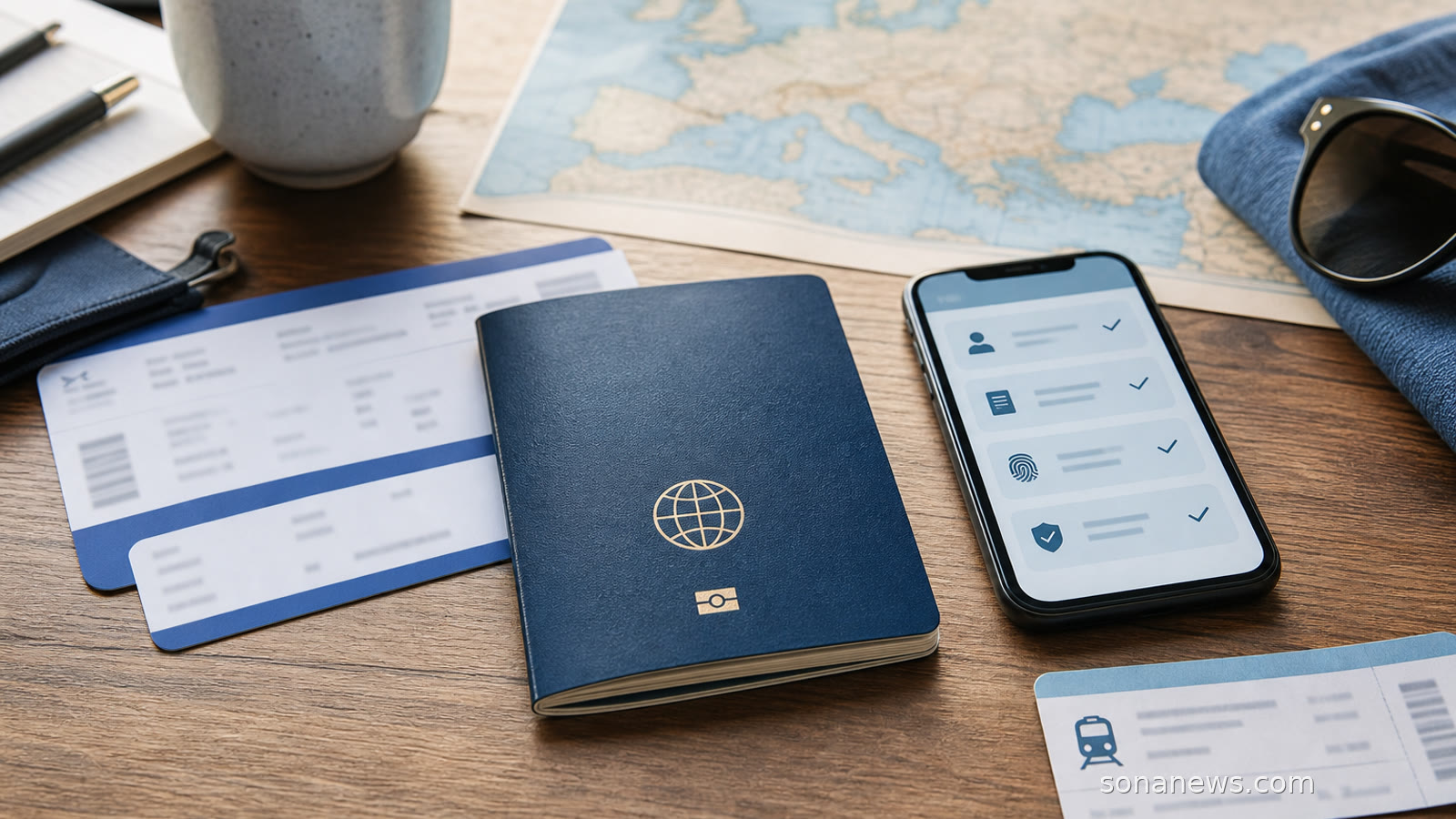 Pasaportes junto a un quiosco de control fronterizo en un aeropuerto, imagen sobre controles europeos, registros digitales y planificación de viaje antes de ETIAS.