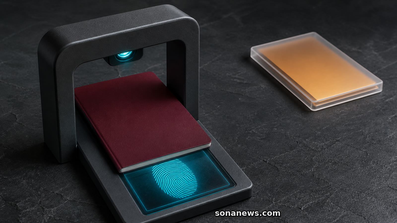 A blank passport passes through a lit biometric border arch beside an unopened amber travel-authorisation module.