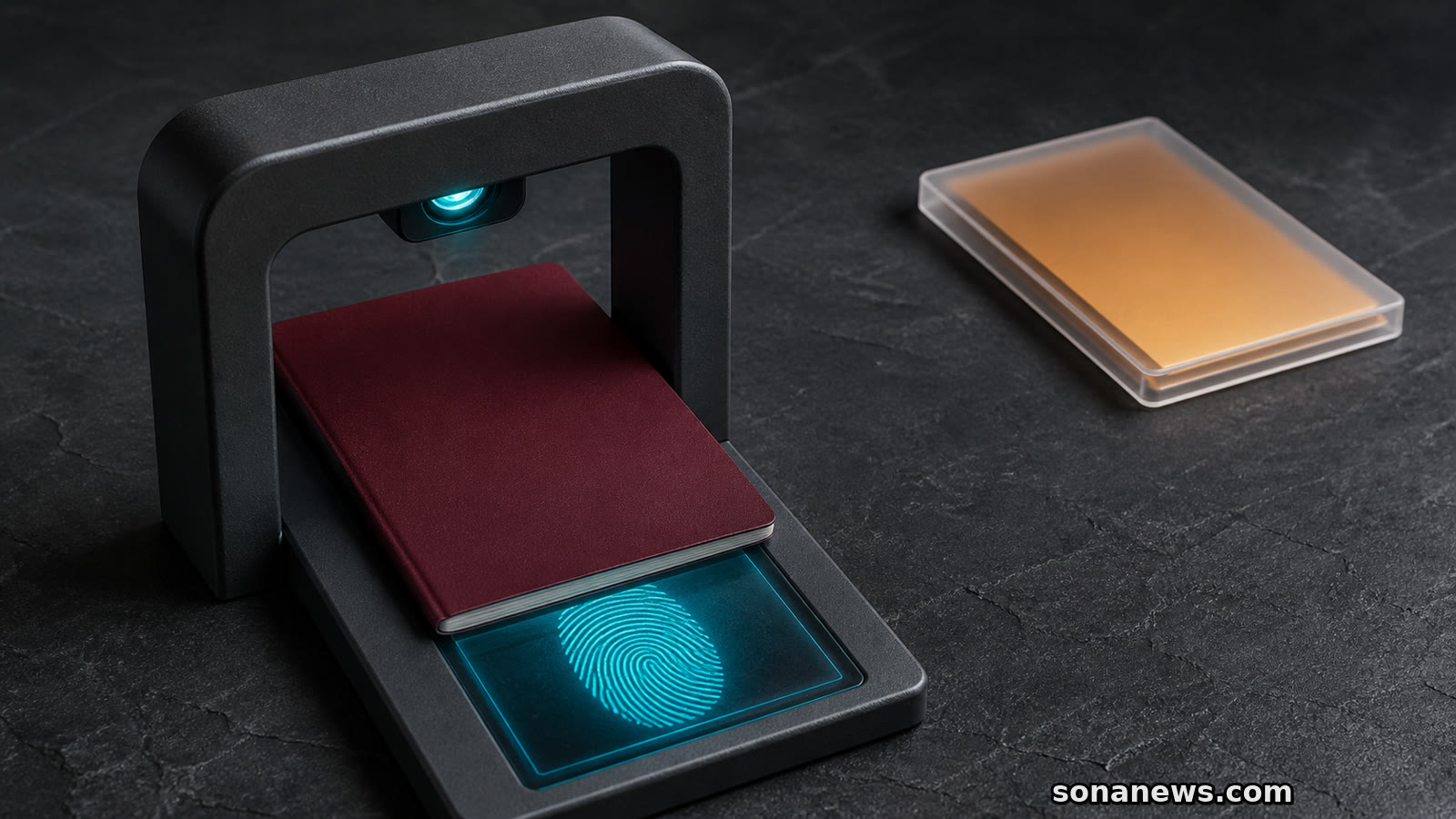 A blank passport passes through a lit biometric border arch beside an unopened amber travel-authorisation module.