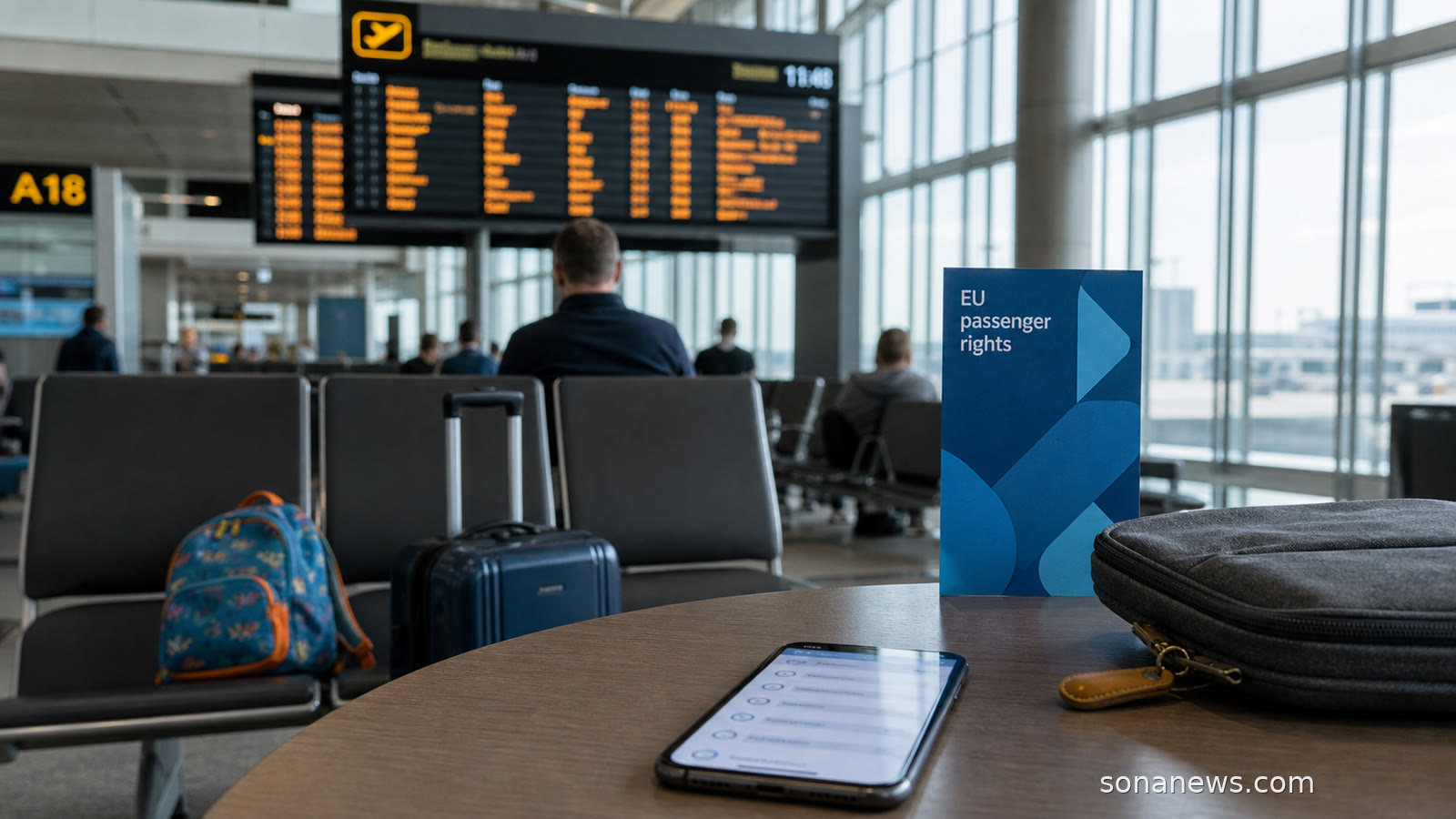 European airport gate with delayed-flight board, cabin bag, family seats and phone claim checklist for EU passenger rights.