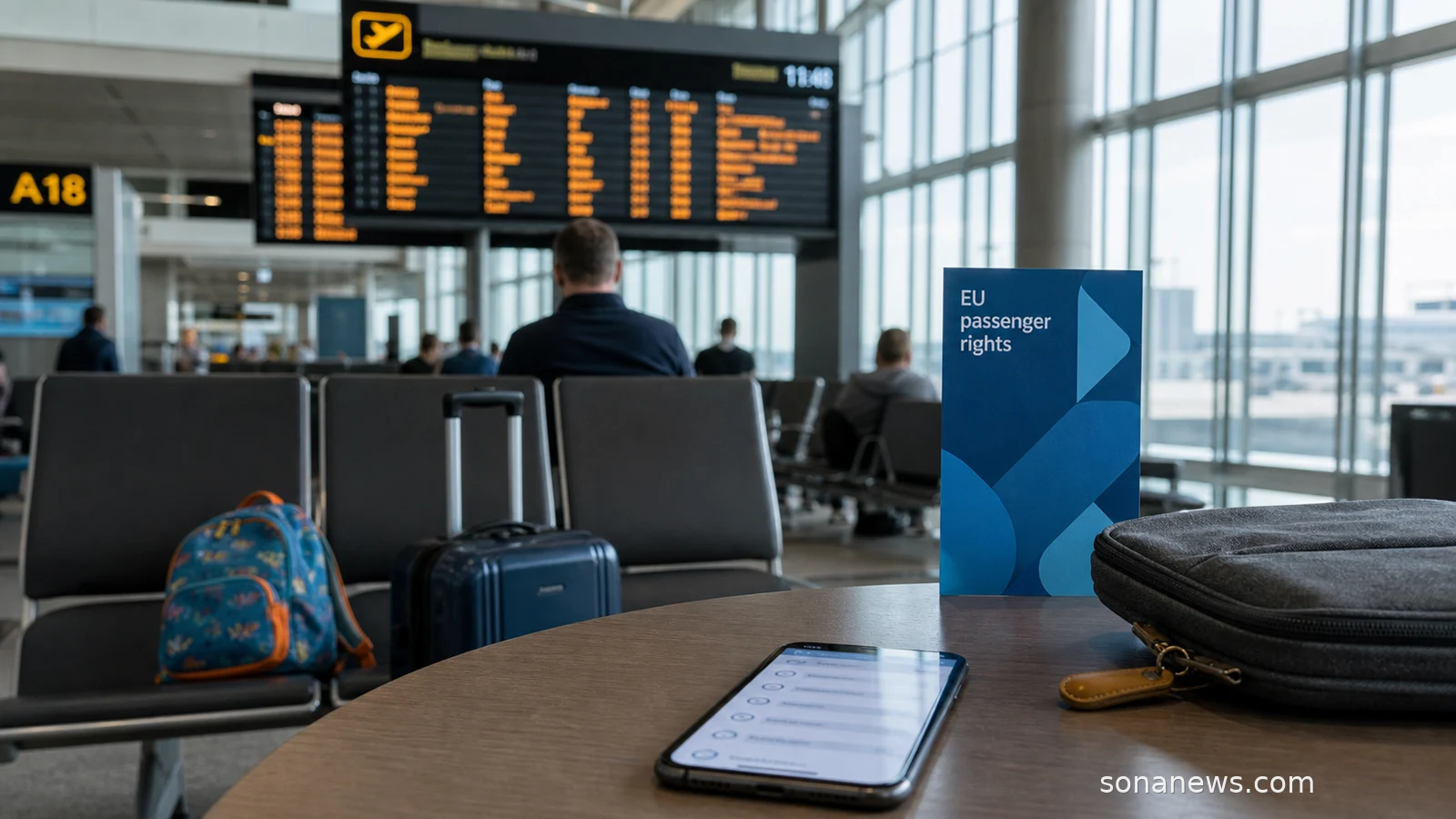 European airport gate with delayed-flight board, cabin bag, family seats and phone claim checklist for EU passenger rights.