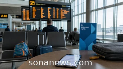 European airport gate with delayed-flight board, cabin bag, family seats and phone claim checklist for EU passenger rights.