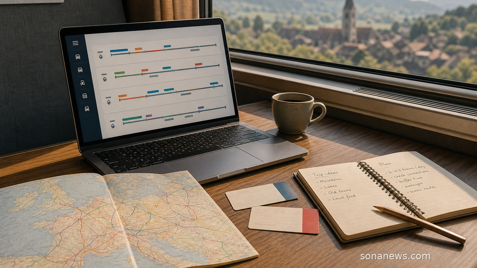 Sunlit rail booking desk with a Europe train map and laptop checklist for missed connection planning.